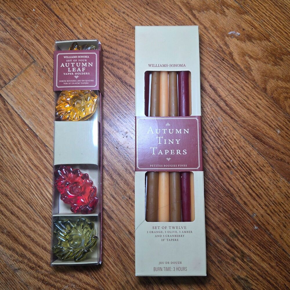 Williams Sonoma Autumn Leaf Taper Holders & 12 Tiny Candles Fall Decor 2008 NIB